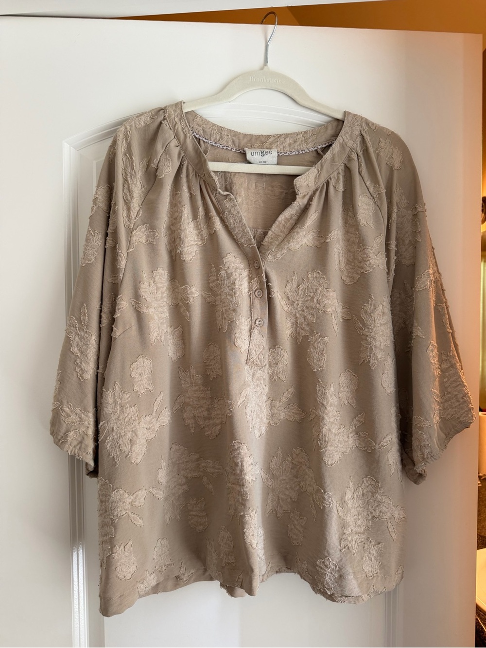 Umgee Taupe Floral Textured Henley Tunic
